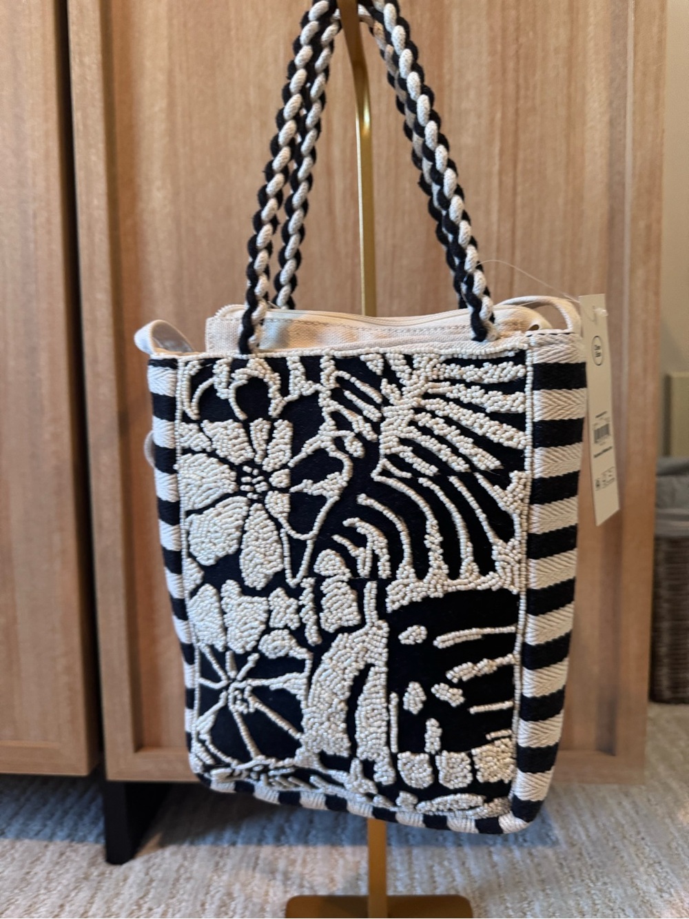 No Boundaries Black & White Beaded Floral Stripe Tote - Picture 2 of 5